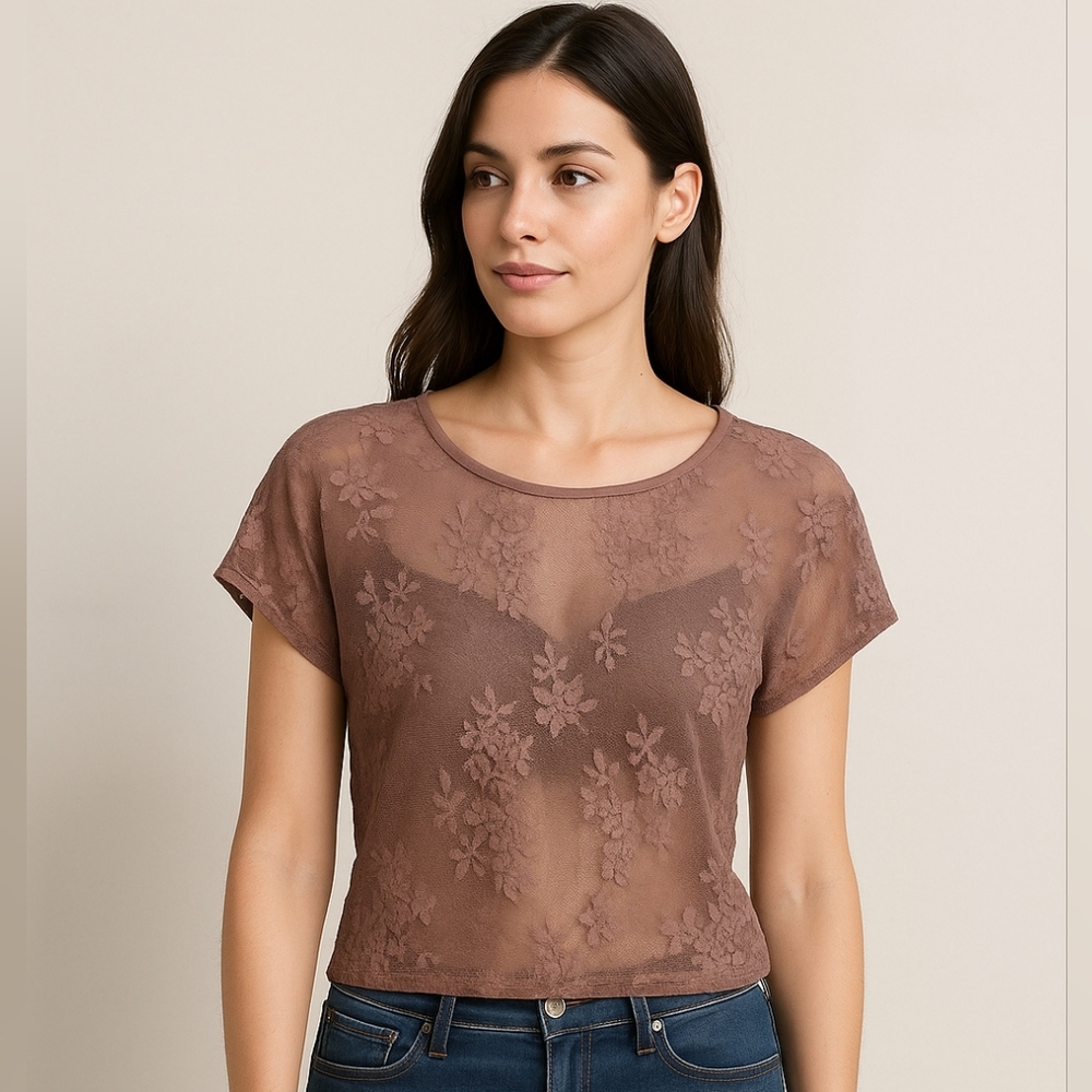 Iris Basic Floral Lace Crop Top - Brown